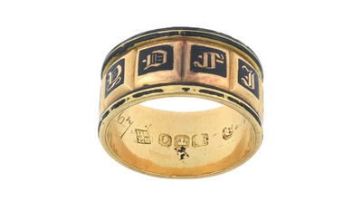 An 18 Carat Gold Enamel Mourning Ring the yellow broad...