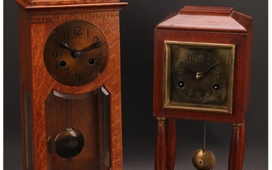 An Arts & Crafts oak portico mantel clock, 9.5cm brass dial ...