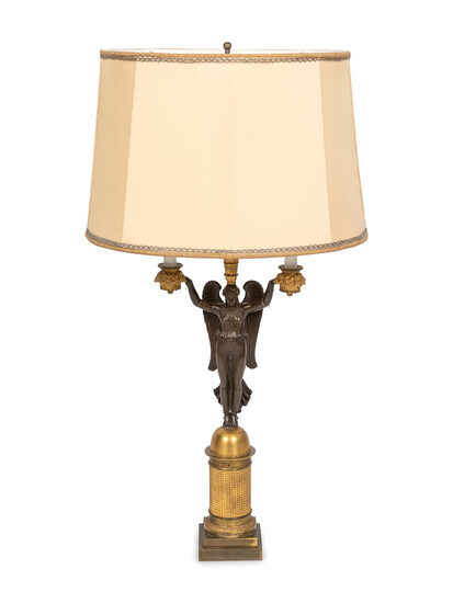 An Empire Style Parcel-Gilt and Patinated Bronze Figural Candelabrum Mounted as a Lamp