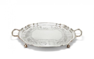 An Irish silver coloured shaped oval twin handled tray by Royal Irish Silver Co.
