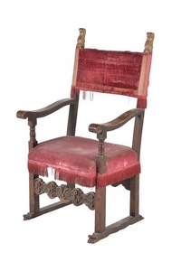 An Italian walnut, parcel gilt, and red velvet upholstered open armchair, late 17th century and later