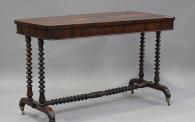 An early Victorian rosewood centre table, raised on barley twist supports, height 71cm, length 115cm