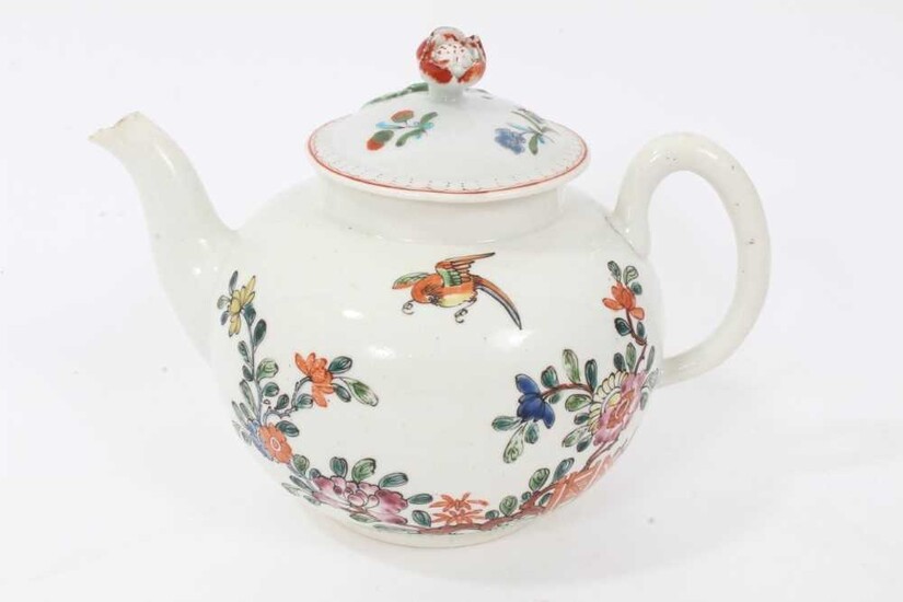 An early Worcester teapot, circa 1754-55, polychrome painted in the Chinese style, with non-matching cover, 12cm high