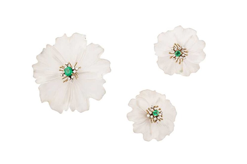 An emerald, rock crystal and diamond flower brooch and earclips