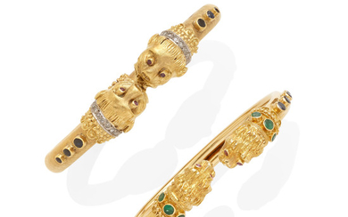 An etruscan style hinged bangle together with a lion head bangle,, Zolotas and Lalaounis