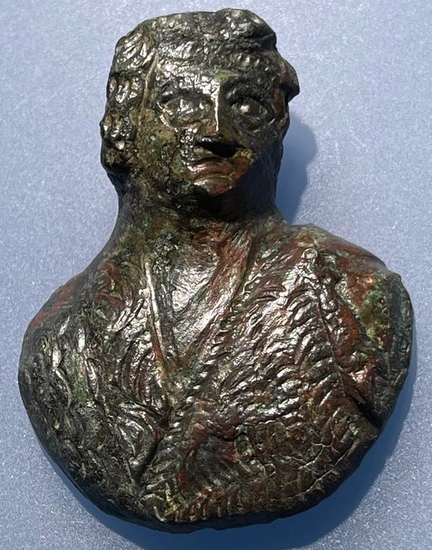 Ancient Roman Bronze Applique Bust-Portrait of the Wine God Bacchus, wearing a crown of Grapes&Vine Leaves - (4.8 cm)