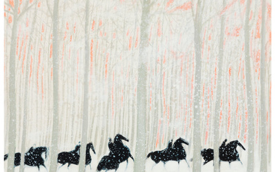 André Brasilier (b. 1929), Cavaliers dans la forêt sous la neige (1977)
