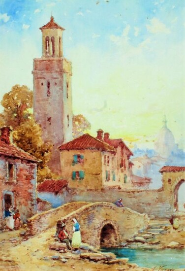 Andrea Vasari (1873-1961), pair of Italian scenes with towers to the foreground, signed
