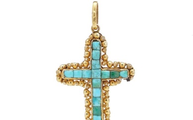 Antique 19th century 20kt. yellow gold Etruscan revival turquoise cross Yellow gold - Pendant