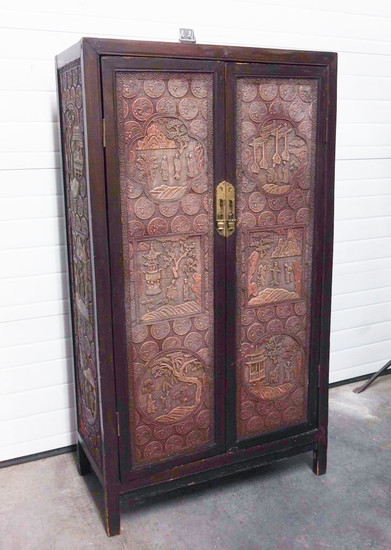 Antique At Least Early 20c Chinese Carved Lacquer & Wood Cabinet A5WAF