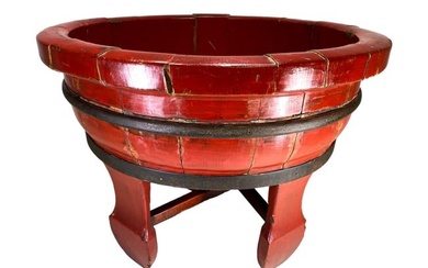 Antique Chinese Red Lacquer Wood Wash Basin