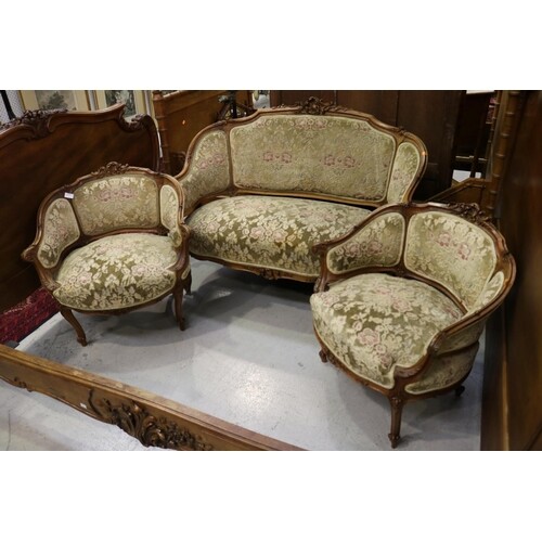 Antique French carved walnut three piece Louis XV style salo...