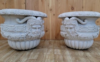 Antique Monumental Neoclassical Hand Sculpted Italian White Marble Figural Planters - Set of 2