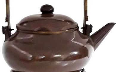 Antique Yixing Tea Pot Pottery Brass Handled Wood Stand