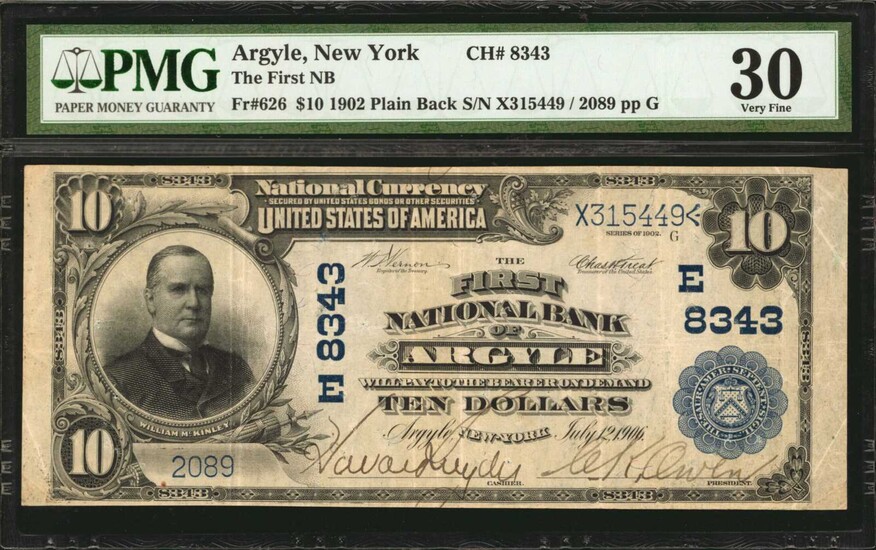 Argyle, New York. 1902 Plain Back $10 Fr. 626. The First NB. Charter #8343. PMG Very Fine 30.