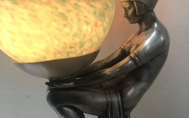 Art Deco Lamp Figurine Lady Holding Colored Globe