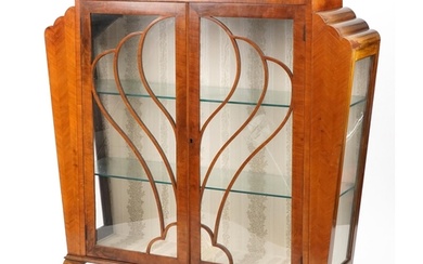 Art Deco inlaid walnut fan design display cabinet with glaze...