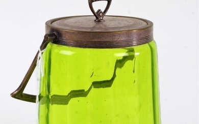 Art Nouveau green glass and silver plate biscuit barrel, with shaped swing handle