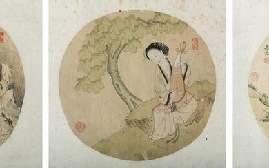 Arte Cinese Three round paintings on silk depicting