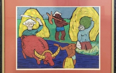 Artist Unknown (Vietnam) "Farmers" gouache on paper, 58 x 67cm, unsigned
