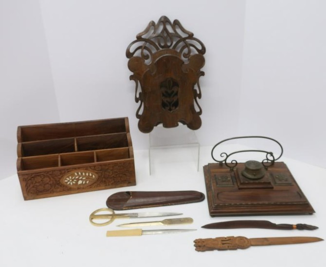 Assorted Vintage Wood and Metal Desk Items