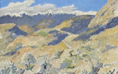 Attributed to Iain MacNab, Scottish 1890–1967- Mountains near Corinth; oil on paper laid down on board, inscribed with artist's name and title attached to the reverse, 37.5 x 55.5 cm (ARR)