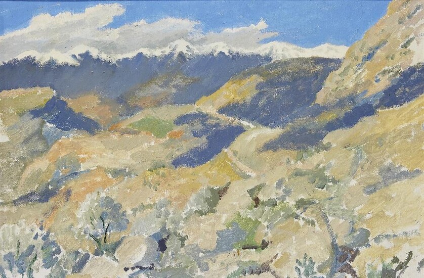 Attributed to Iain MacNab, Scottish 1890–1967- Mountains near Corinth; oil on paper laid down on board, inscribed with artist's name and title attached to the reverse, 37.5 x 55.5 cm (ARR)
