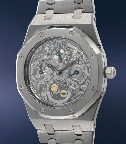 Audemars Piguet, Ref. 25829PT An incredibly attractive, hefty platinum skeletonized perpetual calendar wristwatch with moonphases, bracelet, presentation box and guarantee