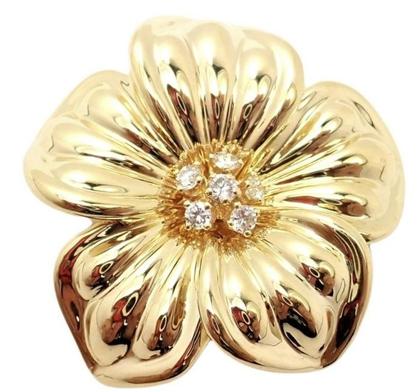Authentic Van Cleef & Arpels Diamond 18k Yellow Gold Magnolia Flower Pin Brooch