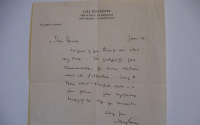 Autograph Letter, Signed, to Dr. Ronald M. King, 520 Beacon Street, Boston MA (June 19, [1936]), about Harvey Cushing's book From a Surgeon's Journal, and about one of their comrades in Europe during WWI. With Envelope addressed by Harvey Cushing