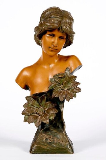 BUST of young woman in polychrome terracotta in shades of green and yellow decorated with flowers and annotated "MIGNON", signed FP K with mark in hollow "2758 14" and small bronze stamp Galerie Française d'Art Décoratif. ART NOUVEAU period. Height 45...