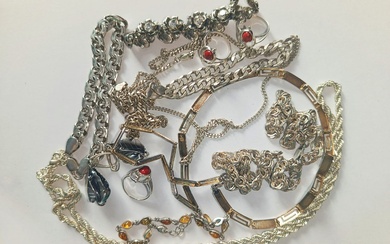 Bag with all sorts of silver jewelry - mainly bracelets,...