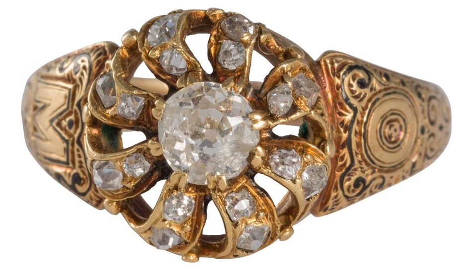 Bague circa 1850 en or jaune 18 carats rosette ornée de diamants taillés dans la...