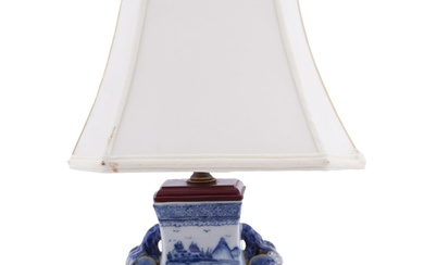 Blue Willow Porcelain Lamp on Wooden Base