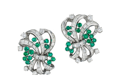 Boucheron, Pair of Emerald and Diamond Ear Clips