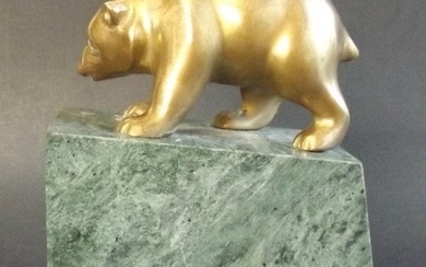Brass Bear Sculpture, Green Marble Base Bookend
