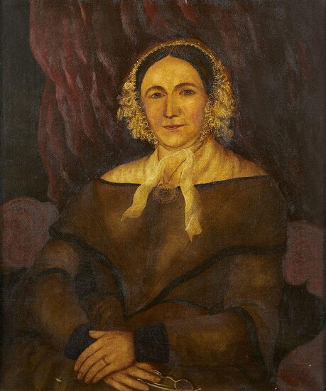 British School, early/mid 19th century- Portrait of a lady; Oil on canvas, bears label for Geo. Wilkinson & Son, Sheffield, on the reverse, 76.5x63.5cm