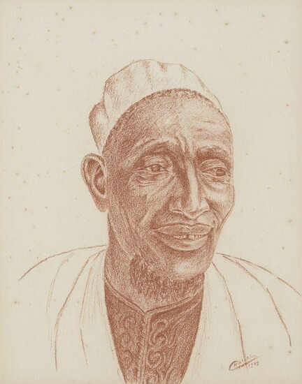 British School, mid-20th century- Portrait studies of a North African man and woman; red and black chalk, two, both signed and dated 1949, ea. 30x24cm and 36x28cm: together with one further portrait study in black chalk entitled Kutdundi Woman...