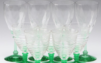 Bryce Uranium Glass Stem Water Goblets with Heisey Water Goblets