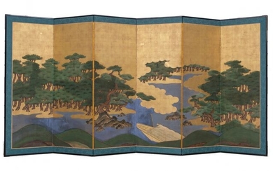 Byobu, Folding screen - Paper, Wood - Pine tree, River - Large 6-panel room divider, decorated with pine trees, river and a fisher boat, two unknown seals. - Japan - Bakumatsu period - mid 19th century