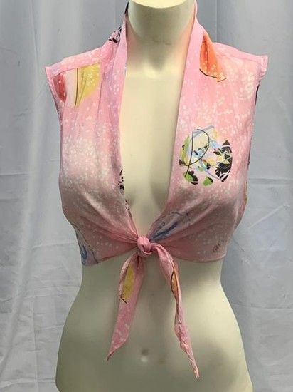 CHANEL PINK PATTERNED FRONT TIE COTTON BLOUSE SZ34