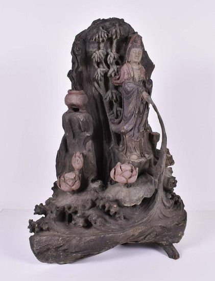 CHINESE CARVED WOOD FIGURE OF QUANYIN IN A GROTTO