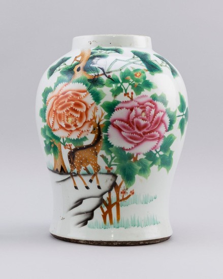 CHINESE FAMILLE ROSE PORCELAIN VASE In a squat baluster form, with decoration of spotted deer and crane in a landscape on obverse an...