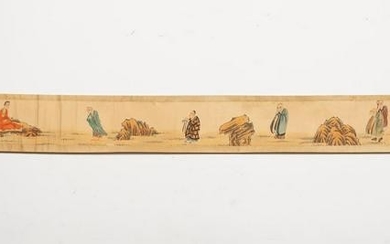 CHINESE, LONG FIGURAL LANDSCAPE WATERCOLOR SCROLL