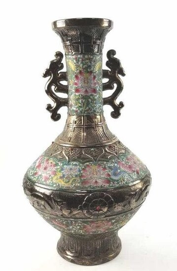 CHINESE METAL VASE WITH PORCELAIN INLAID