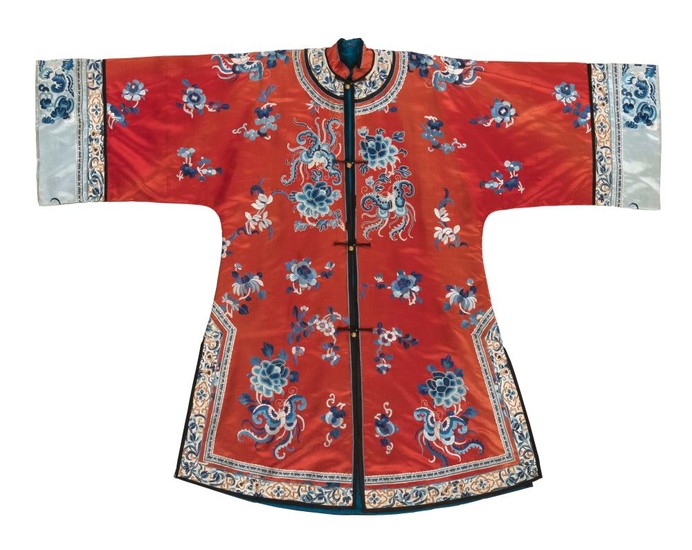 CHINESE RED SILK EMBROIDERED ROBE With forbidden stitchwork and finely embroidered peonies and butterflies in shades of blue on a re...
