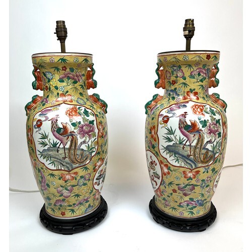 CHINESE VASE LAMPS, a pair, Chinese hand painted ceramic wit...