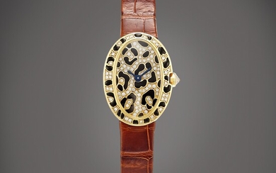 Cartier Mini Baignoire Panther Spots, Reference 3864 | A yellow gold, black enamel and diamond-set wristwatch, Circa 2005 | 卡地亞 | Mini Baignoire Panther Spots 型號3864 | 黃金鑲黑色琺瑯及鑽石腕錶，約2005年製