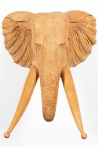 Carved Wood Elephant Head Wall Hanging, Signed