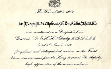 Certificate of Excellence from WWI. Printed signature by Winston Churchill, July 1919